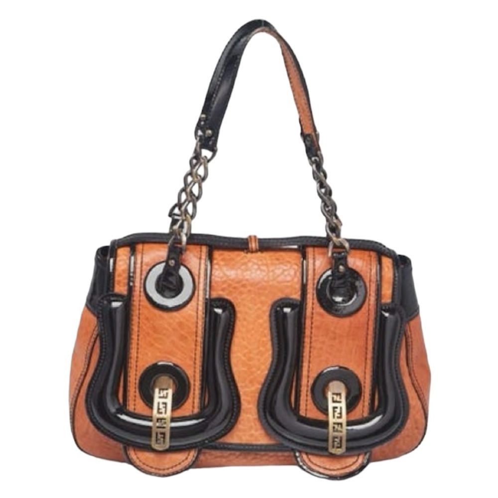 FENDI Brown Leather And Black Patent Leather B Bag